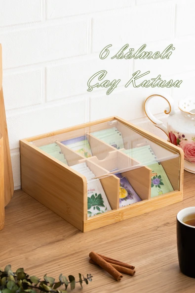 Porsima 005 Ahşap 6 Bölmeli Organizer Poşet Çay Saklama Kutusu Ahşap