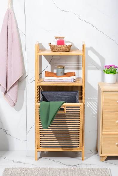 Porsima 2063 2 Raflı Ahşap Kirli Sepeti Organizer Banyo Dolabı Ahşap - Resim 4