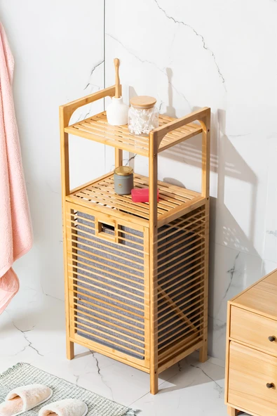 Porsima 2063 2 Raflı Ahşap Kirli Sepeti Organizer Banyo Dolabı Ahşap - Resim 3