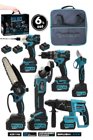 Assur Profesyonel 21V 2.0Ah Bez Çantalı Kömürsüz Darbeli 6'lı Set Mavi ürün görseli 1
