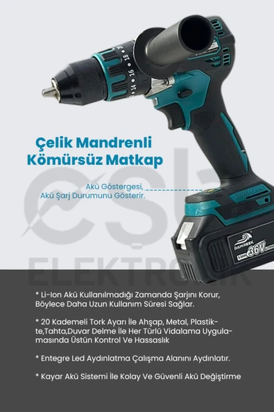 HADRON 3'lü set (Şarjlı hilti + Şarjlı spral + Çelik mandrenli kömürsüz matkap ) - Resim 3