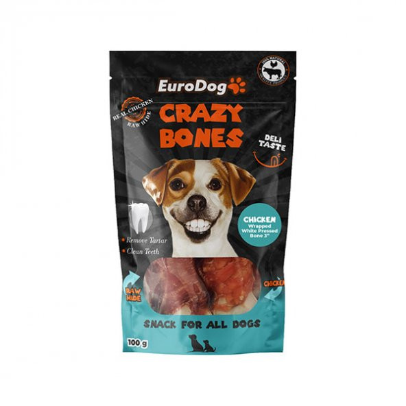 EuroDog Crazy Bones Diş Sağlığı için Tavuk Sargılı Beyaz Press Köpek Kemiği 100gr 7.5cm (3lü)