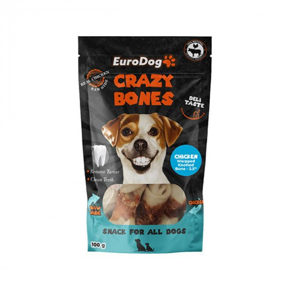 EuroDog Crazy Bones Diş Sağlığı için Düğümlü Tavuk Sargılı Köpek Ödül Maması 100gr 6cm