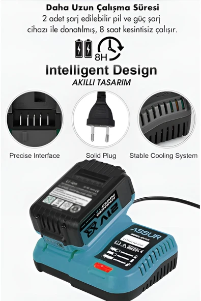 Assur Profesyonel 21V 2.0Ah Bez Çantalı Kömürsüz Darbeli 6'lı Set Mavi - Resim 2