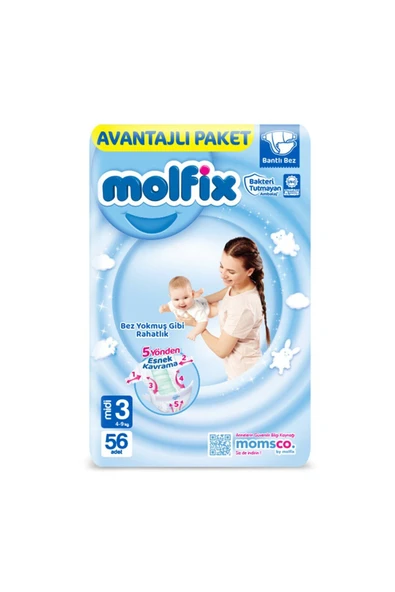 BOL TOPTAN Molfıx Avantajlı Paket Çocuk bezi 3 Beden Mıdı 4-9 Kg 56'lı ürün görseli 1