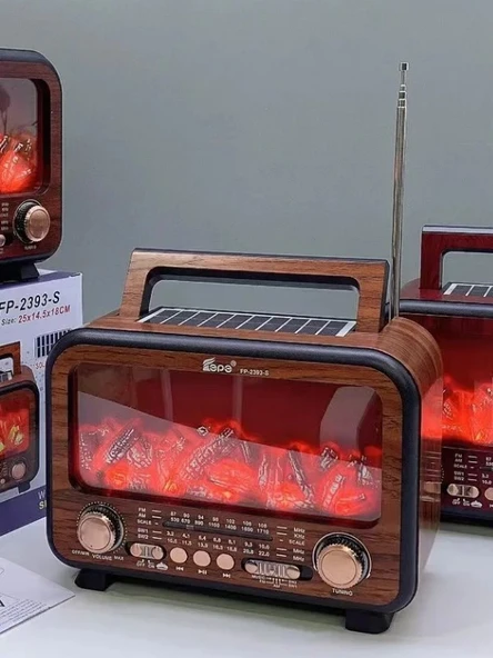 Nostaljik Radyo Bluetooth Şömine Görünümlü Hareketli Alev Efektli Led Işıklı Solar Güneş Enerjili - 6