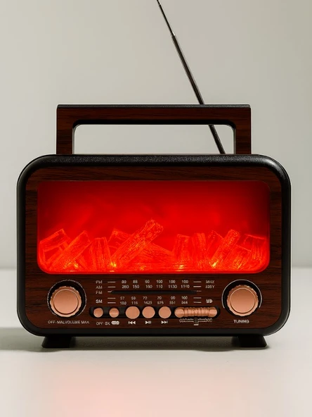 Nostaljik Radyo Bluetooth Şömine Görünümlü Hareketli Alev Efektli Led Işıklı Solar Güneş Enerjili - 2
