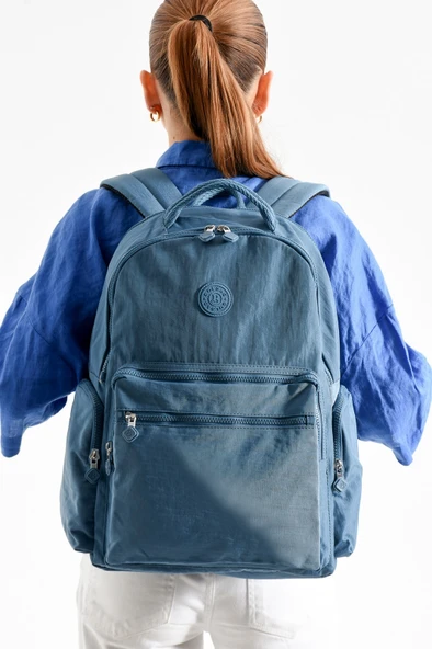 Bagacar Bolsas 1094 Su Geçirmez İthal Krinkıl Kumaş Laptop Bölmeli Okul ve Günlük Sırt Çantası Mavi - 2