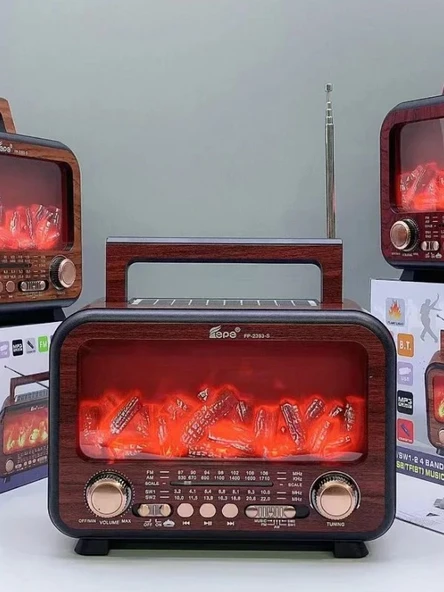 Nostaljik Radyo Bluetooth Şömine Görünümlü Hareketli Alev Efektli Led Işıklı Solar Güneş Enerjili - 5