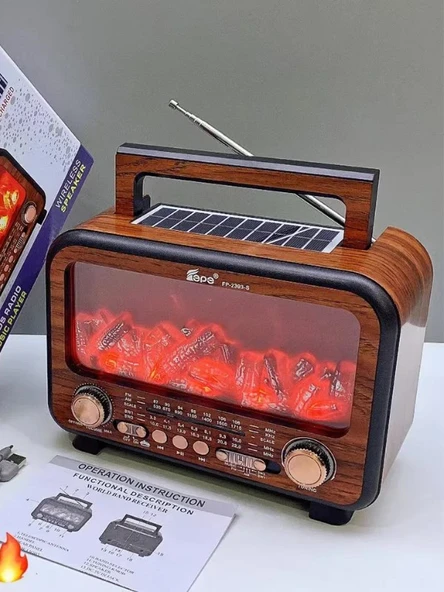 Nostaljik Radyo Bluetooth Şömine Görünümlü Hareketli Alev Efektli Led Işıklı Solar Güneş Enerjili - 4