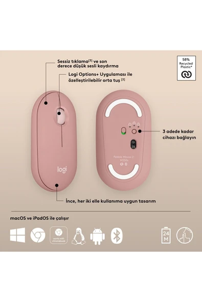 logitech M350s Pebble 2 Kablosuz Mouse - Pembe 910-007015 BLUETOOTH  (usb alıcı çıkmaz) - Resim 6