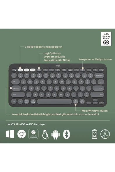 logitech K380s Pebble Keys 2 Çoklu Cihaz Özellikli Bluetooth Türkçe Q Klavye - Siyah 920-011859 - 6
