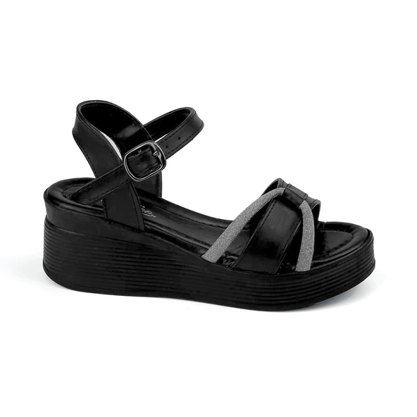 Kadın Siyah Tokalı Taşlı Dolgu Topuklu Sandalet 6 Cm Rahat Yüksek Topuklu - Resim 2