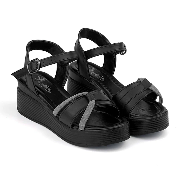 Kadın Siyah Tokalı Taşlı Dolgu Topuklu Sandalet 6 Cm Rahat Yüksek Topuklu - Resim 3