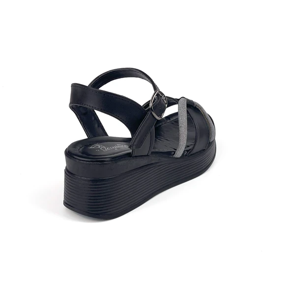 Kadın Siyah Tokalı Taşlı Dolgu Topuklu Sandalet 6 Cm Rahat Yüksek Topuklu - Resim 5