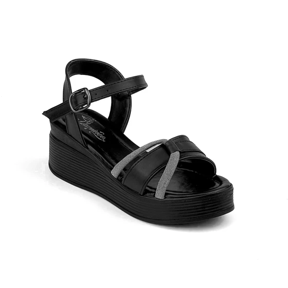 Kadın Siyah Tokalı Taşlı Dolgu Topuklu Sandalet 6 Cm Rahat Yüksek Topuklu ürün görseli