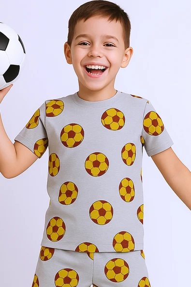 ERKEK ÇOCUK ŞORTLU TAKIM TOP BASKILI BİSİKLET YAKA B42 - 2