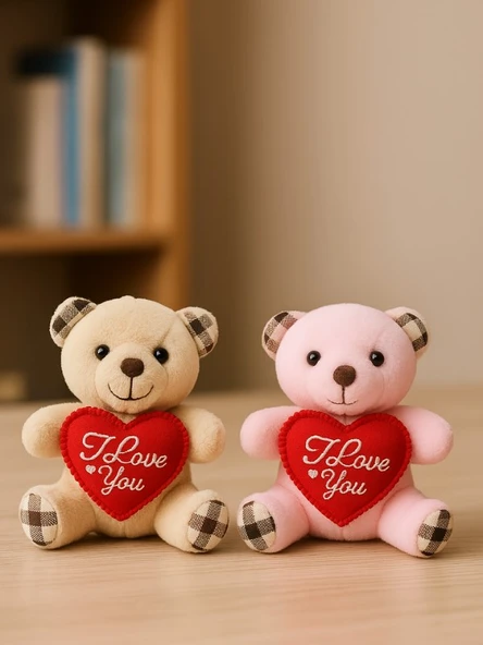 2 Adet Sevimli Mini Peluş Ayıcık - Kalpli 'I Love You' Mesajlı 11x9 cm