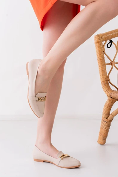 Kadın Lorena Krem Sivri Burun Zinçir Tokalı Günlük Babet - 2