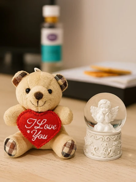 Sevimli Mini Peluş Ayıcık ve Mini Melek Kar Küresi Set Bej Rengi