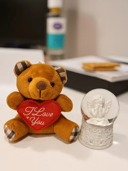 Sevimli Mini Peluş Ayıcık ve Mini Melek Kar Küresi Set Kahverengi