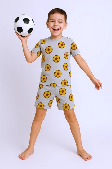 ERKEK ÇOCUK ŞORTLU TAKIM TOP BASKILI BİSİKLET YAKA B42