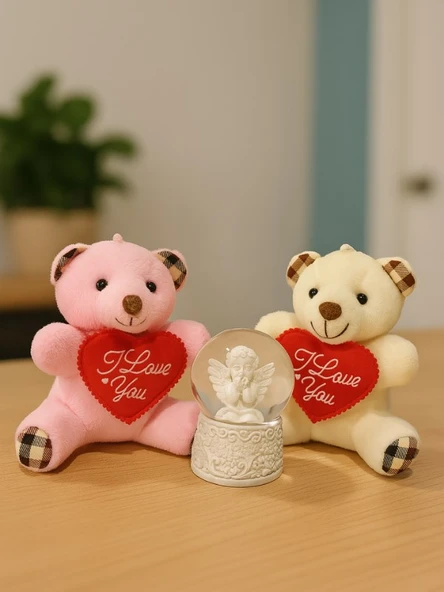 2 Adet Sevimli Mini Peluş Ayıcık ve Mini Melek Kar Küresi Set