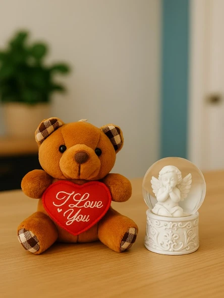 Sevimli Mini Peluş Ayıcık ve Mini Melek Kar Küresi Set Kahverengi - 2