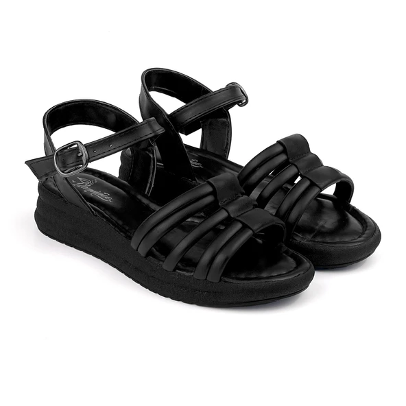 Kadın Siyah Tokalı Dolgu Topuklu Sandalet 3 Cm Günlük Rahat - Resim 3