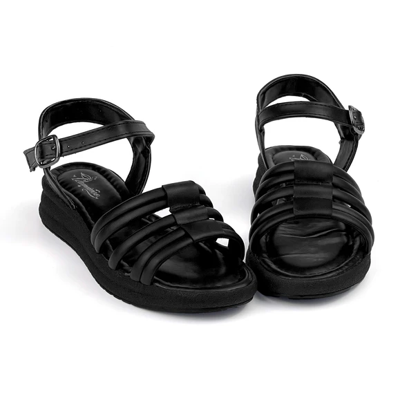 Kadın Siyah Tokalı Dolgu Topuklu Sandalet 3 Cm Günlük Rahat - Resim 4