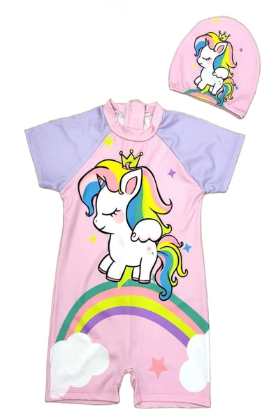 Kız Çocuk Fermuarlı - Kısa Kollu Boneli Mayo Takımı 2-8 Yaş 12263 - Resim 2