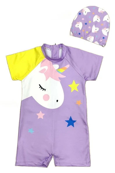 Kız Çocuk Fermuarlı - Kısa Kollu Boneli Mayo Takımı 2-8 Yaş 12263 ürün görseli 1