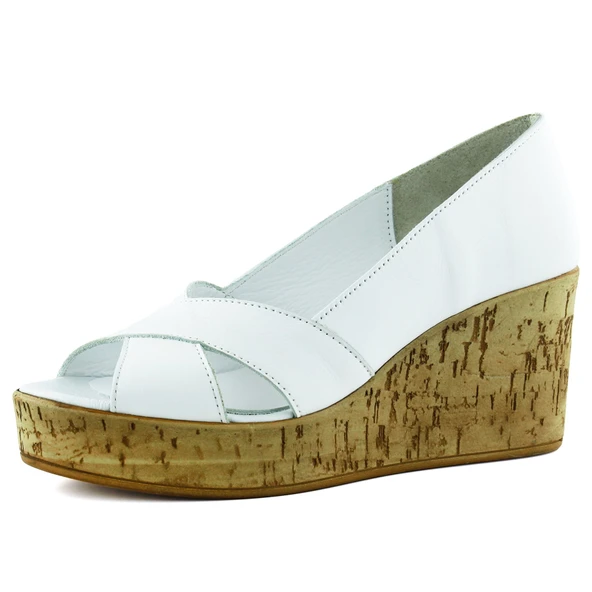 Erkan Saçmacı Astrid Beyaz Hakiki Dana Derisi Çapraz Bantlı Mantar Taban Görünümlü Dolgu Topuklu Sandalet