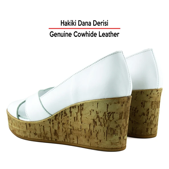 Erkan Saçmacı Astrid Beyaz Hakiki Dana Derisi Çapraz Bantlı Mantar Taban Görünümlü Dolgu Topuklu Sandalet - 7