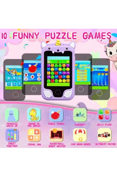 Çocuklar İçin Eğitici Telefon Dokunmatik Ekran Çift Kameralı Fenerli Müzik Çalar Oyun Video Mor - 3