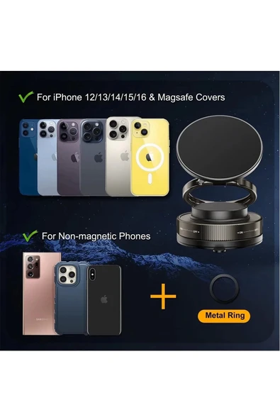Metalik Magsafe Telefon Tutucu Tüm Yüzeylerle Uyumlu Vakumlu 360 Dönen Oynar Başlık - 3