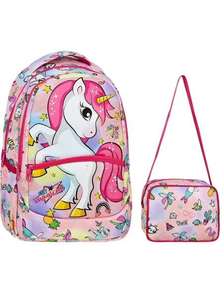 Pembe Unicorn Desenli Kız İlkokul Sırt Çantası + Beslenme Çantası (2307)
