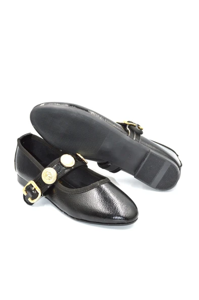 Kadın Rugan Siyah Kemerli Tokalı Günlük Babet - 7