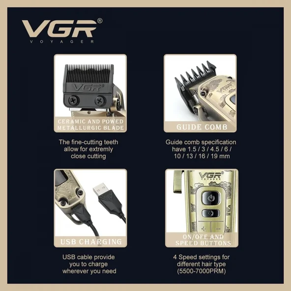 VGR V-005 Profesyonel Saç Kesme ve Tıraş Makinesi - Renkli Taraklı Tam Set! - 3