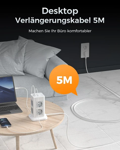 TESSAN Aşırı Gerilim Korumalı 5M Uzatma Kablosu Çoklu Priz Çıkışı, 3 USB'li 8 Bölmeli Güç Şeridi, Çoklu Priz Kulesi 5M Uzatma Kablosu, Ev için Dağıtım Çıkışı 3600W 16A - Resim 3