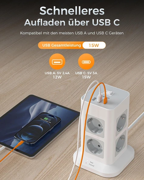 TESSAN Aşırı Gerilim Korumalı 5M Uzatma Kablosu Çoklu Priz Çıkışı, 3 USB'li 8 Bölmeli Güç Şeridi, Çoklu Priz Kulesi 5M Uzatma Kablosu, Ev için Dağıtım Çıkışı 3600W 16A - Resim 2