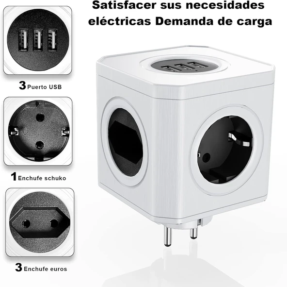 Çoklu priz, USB soketi, 4 bölmeli (1 x Schuko priz, 3 Avrupa prizi), 3 x USB soketi, ofis, ev veya seyahat için aşırı gerilim ürün görseli 1