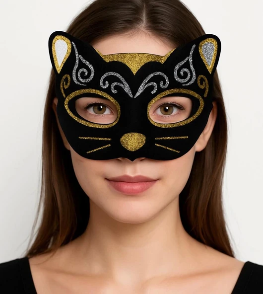 Kadife Dokulu Sim Detaylı Işıltılı Kedi Maskesi Altın Gümüş 20x13 Cm