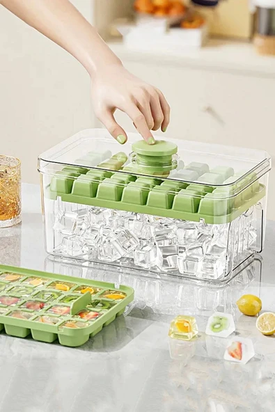 Tilbe Home 2'li Yeni Nesil Basmalı Çift Buz Kalıbı Buzluk – Kapaklı Saklama Kutulu 56 Bölmeli Hazneli Buz Küpü - 4