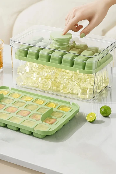 Tilbe Home 2'li Yeni Nesil Basmalı Çift Buz Kalıbı Buzluk – Kapaklı Saklama Kutulu 56 Bölmeli Hazneli Buz Küpü - 3