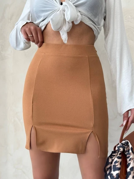 Çift yırtmaçlı etek camel s25910 - 1