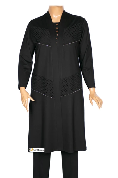 Hesna Kadın Özge Büyük Beden Verev File Kombinli Diz Boyu Siyah Yelek