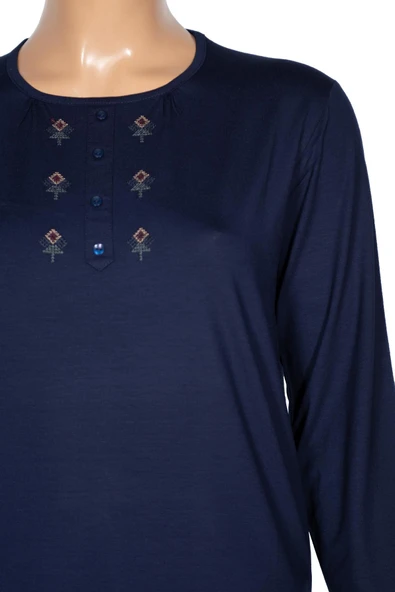 Cimariva Kadın Neşe Büyük Beden O Yaka Robası Nakışlı Lacivert Bluz - 2