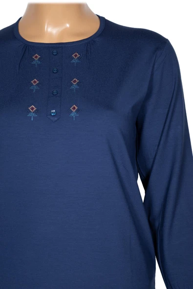 Cimariva Kadın Neşe Büyük Beden O Yaka Robası Nakışlı İndigo Bluz - Resim 2