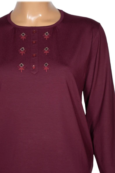 Cimariva Kadın Neşe Büyük Beden O Yaka Robası Nakışlı Bordo Bluz - Resim 2